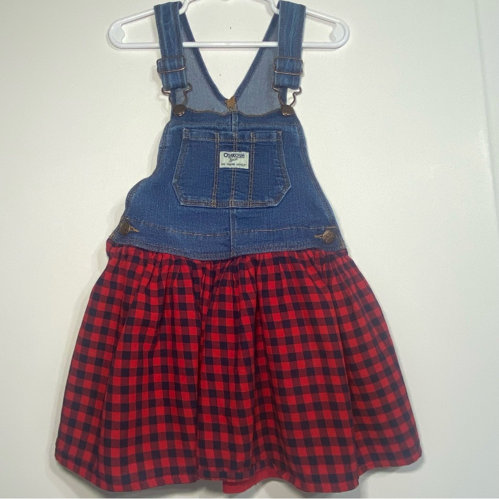 Oshkosh B'Gosh Vestbak 5T Denim Overall Jumper Dress Red Black Buffalo Check